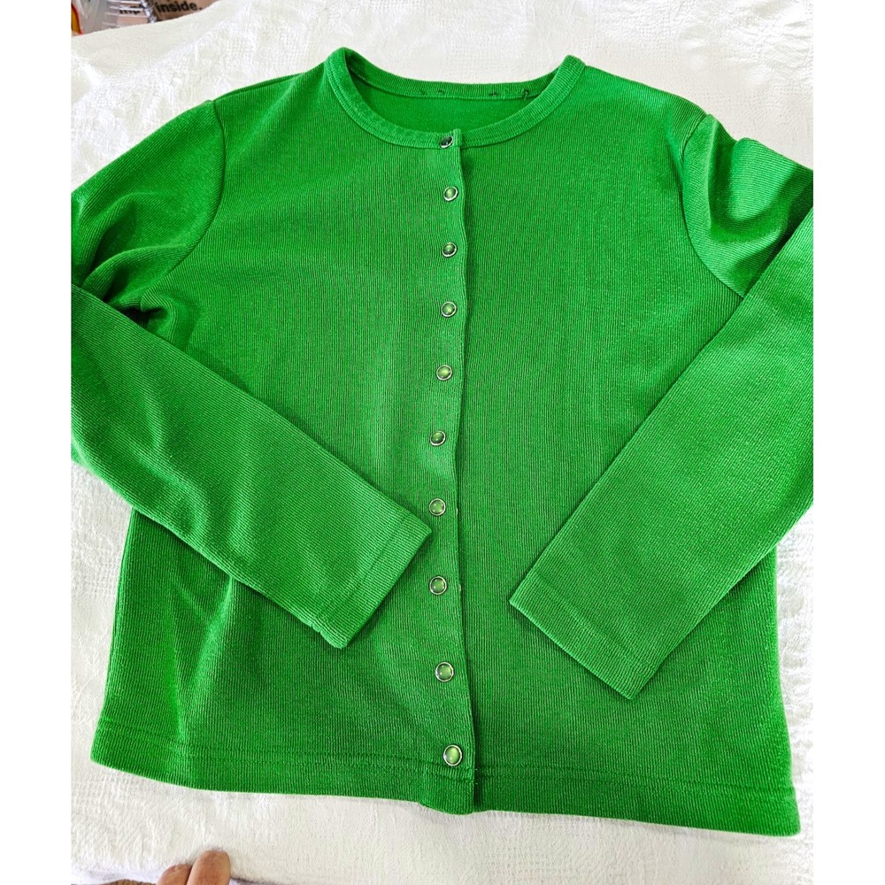 Vintage Kelly Green Fine Knit Cardigan with Pearl Snap Buttons - Size Small
